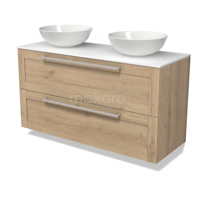 Wooden bathroom furniture with double white sink, modern drawers and sleek design, ideal for stylish bathroom decor.