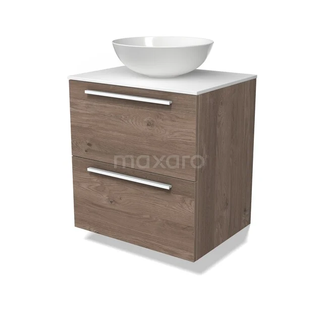 Modulo Plato Vanity units for countertop basin | 60 cm Mid brown oak Flat front Solid surface worktop 2 Stacked drawers BMK17-03677