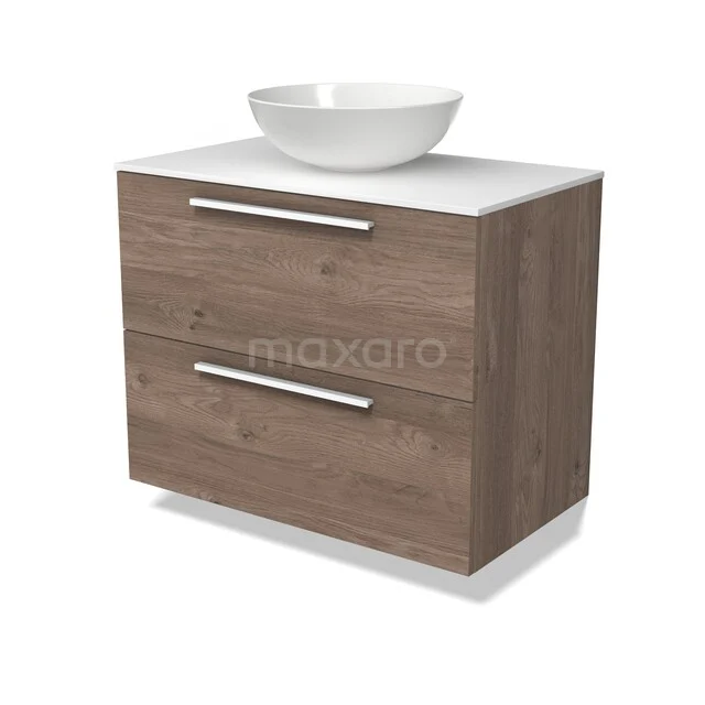 Holz-Badmöbel mit weißem Aufsatzwaschbecken, zwei Schubladen und chromfarbenen Haltegriffen, geeignet für moderne Bäder.