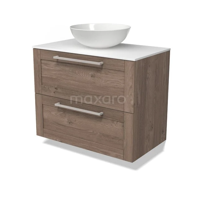 Wooden bathroom furniture with white washbasin, 2 drawers and rectangular design, perfect for modern bathrooms.