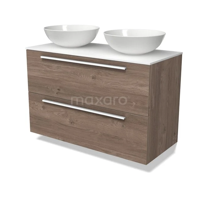 Modulo Plato Badkamermeubel voor waskom | 100 cm Middenbruin eiken Vlak front Solid surface blad 2 lades onder elkaar BMK17-03681 Modulo Plato Badkamermeubel voor waskom | 100 cm Middenbruin eiken Vlak front Solid surface blad 2 lades onder elkaar BMK17-03681