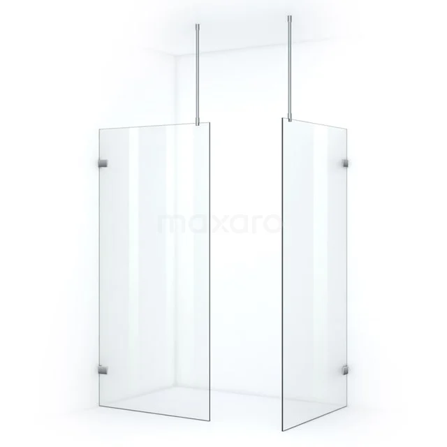 Stylish glass shower screen with clear design, including frameless finish and ceiling supports; ideal for modern bathrooms.