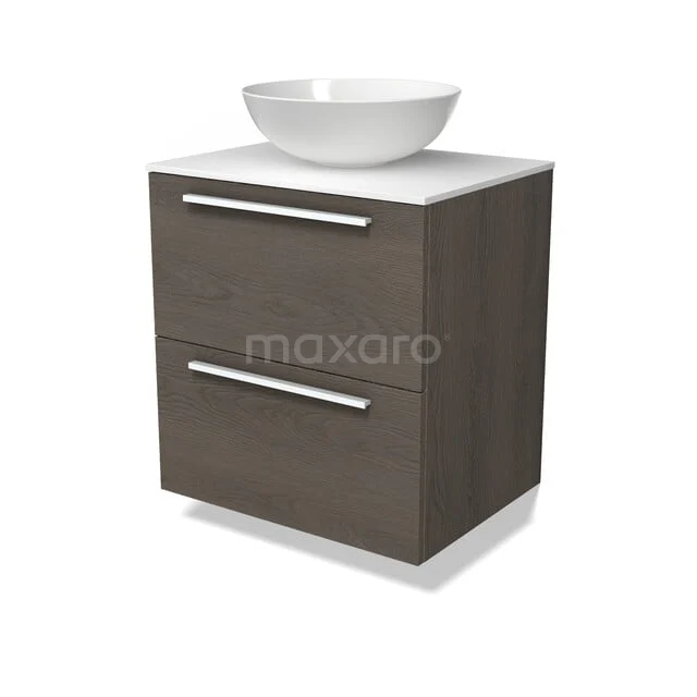Modulo Plato Badkamermeubel voor waskom | 60 cm Donkerbruin eiken Vlak front Solid surface blad 2 lades onder elkaar BMK17-03685