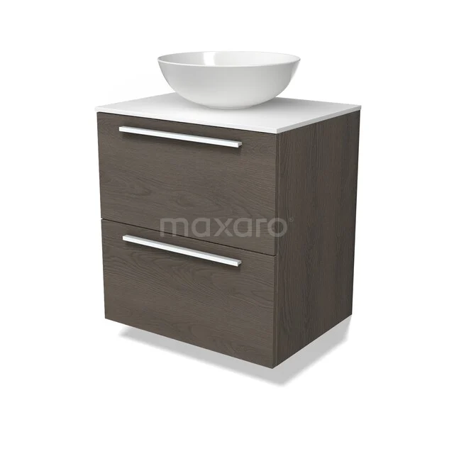 Modulo Plato Vanity units for countertop basin | 60 cm Dark brown oak Flat front Solid surface worktop 2 Stacked drawers BMK17-03685