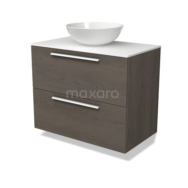 Modulo Plato Vanity units for countertop basin | 80 cm Dark brown oak Flat front Solid surface worktop 2 Stacked drawers BMK17-03687 Houten badkamermeubel met twee lades, witte waskom en chromen handgrepen, ideaal voor modern badkamerdesign.