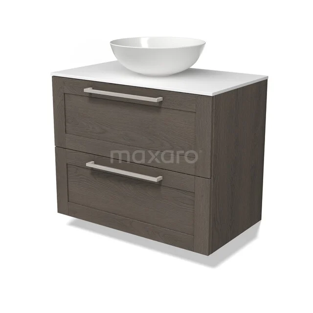 Modulo Plato Badmöbel mit Aufsatzwaschbecken | 80 cm Dunkelbraune Eiche Rahmen front Solid Surface blatt 2 übereinanderliegende Schubladen BMK17-03688 Dunkler Holz-Waschbeckenunterschrank mit 2 Schubladen, weißer Platte und rundem Aufsatzwaschbecken. Perfekt für einen modernen Badezimmerstil.