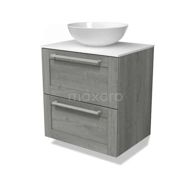 Grau Holz Badschrank mit 2 Schubladen und einem weißen Aufsatzwaschbecken, moderne Ausstrahlung und kompaktes Design.