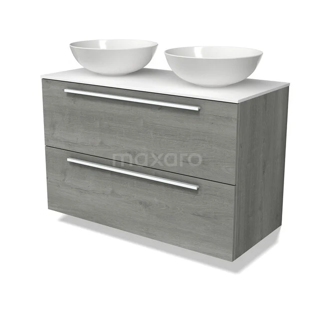 Modulo Plato Badkamermeubel voor waskom | 100 cm Grijs eiken Vlak front Solid surface blad 2 lades onder elkaar BMK17-03696 Modulo Plato Badkamermeubel voor waskom | 100 cm Grijs eiken Vlak front Solid surface blad 2 lades onder elkaar BMK17-03696