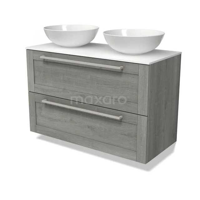 Möbel für Aufsatzwaschbecken BMK17-03697 Grau Holz Badmöbel mit zwei weißen Aufsatzwaschbecken, schlichtes Design und modernen Haltegriffen.