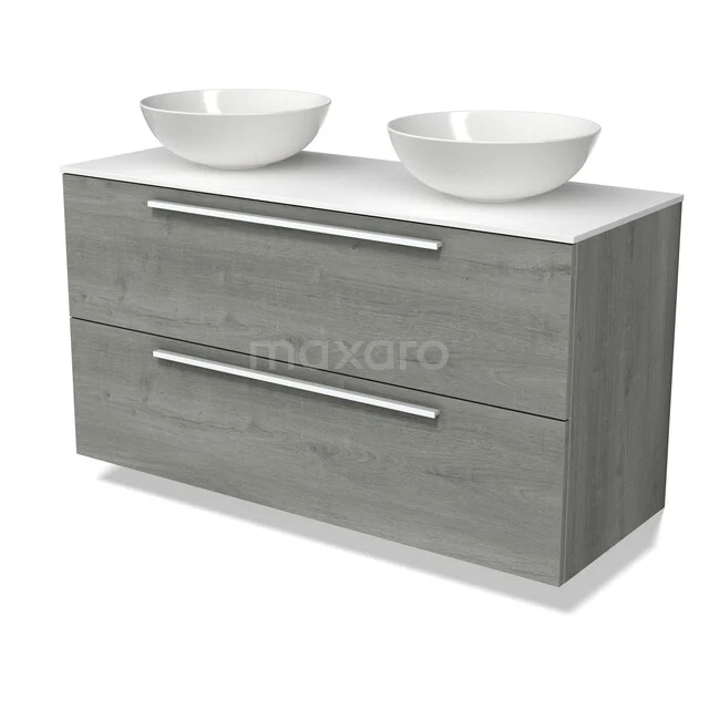 Modulo Plato Vanity units for countertop basin | 120 cm Grey oak Flat front Solid surface worktop 2 Stacked drawers BMK17-03698