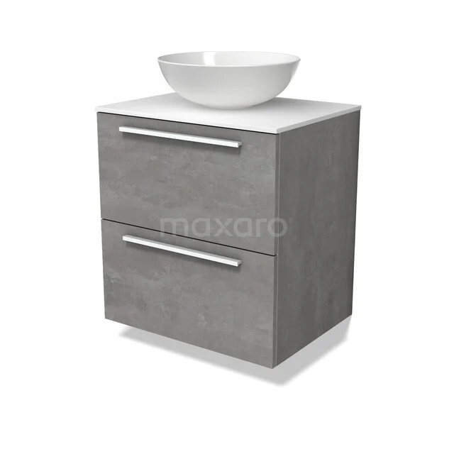 Modulo Plato Badmöbel mit Aufsatzwaschbecken | 60 cm Hellgrauer Beton Flach front Solid Surface blatt 2 übereinanderliegende Schubladen BMK17-03700 Graue Badmöbelset mit mattem Waschtisch, weißem Natursteine Aufsatzwaschbecken und 2 Softclose Schubladen.