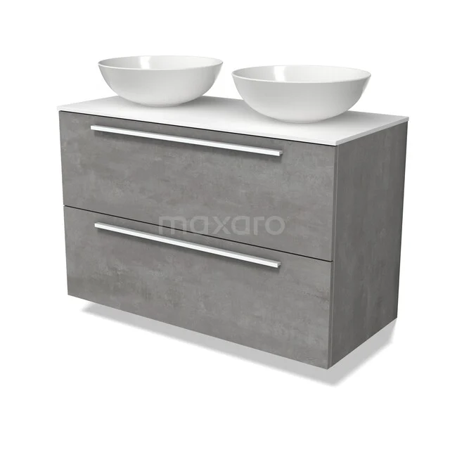 Graue Badmöbelset mit zwei weißen Aufsatzwaschbecken und Schubladen, modernes Design, Betonlook-Oberfläche.