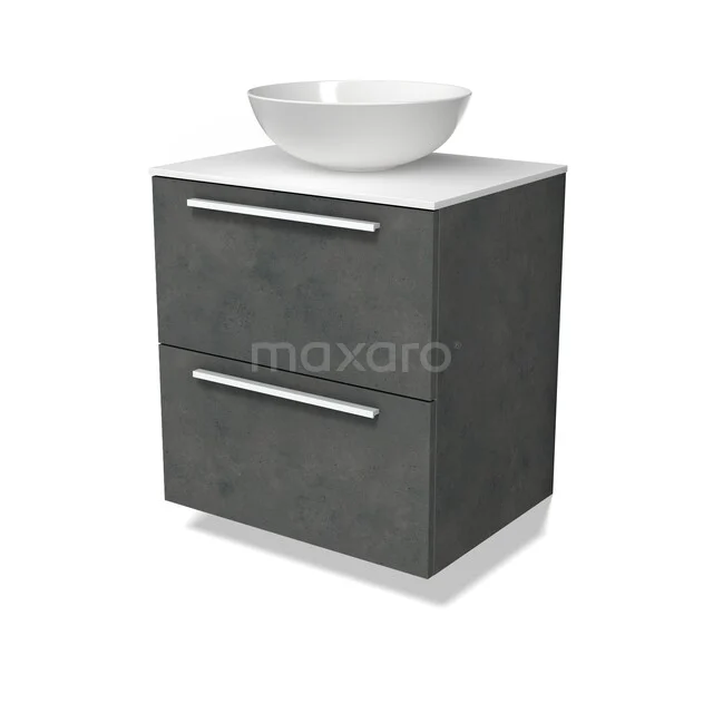 Modulo Plato Badkamermeubel voor waskom | 60 cm Donkergrijs beton Vlak front Solid surface blad 2 lades onder elkaar BMK17-03704