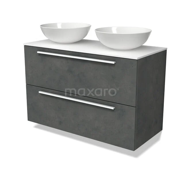 Modulo Plato Vanity units for countertop basin | 100 cm Dark grey concrete Flat front Solid surface worktop 2 Stacked drawers BMK17-03706 Grijze badkamermeubelset met twee witte wastafels, moderne betonlook en strak design.