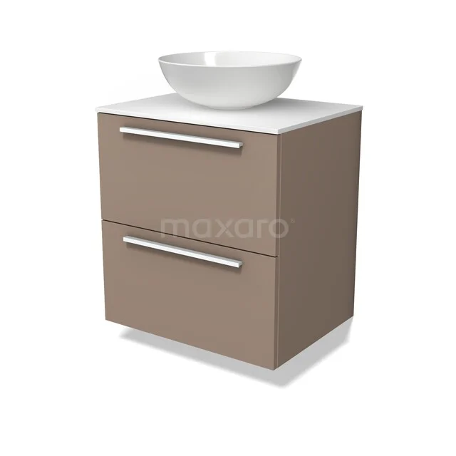 Vrijstaande beige badkamermeubelset met witte wastafelkom, strakke lades en modern design, ideaal voor compacte badkamers.