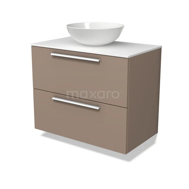 Modulo Plato Badkamermeubel voor waskom | 80 cm Taupe Vlak front Solid surface blad 2 lades onder elkaar BMK17-03721