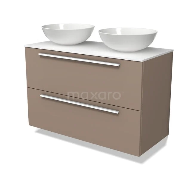 Modulo Plato Badmöbel mit Aufsatzwaschbecken | 100 cm Taupe Flach front Solid Surface blatt 2 übereinanderliegende Schubladen BMK17-03722 Braunes Badezimmermöbel mit zwei Schubladen und doppeltem weißen Waschbecken, modernes Design für stilvolle Bäder.