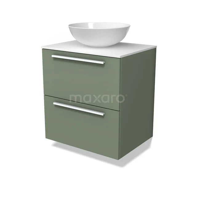 Modulo Plato Badmöbel mit Aufsatzwaschbecken | 60 cm Salbeigrün Flach front Solid Surface blatt 2 übereinanderliegende Schubladen BMK17-03728 Grünes Badezimmermöbel mit zwei Schubladen, weißem Aufsatzwaschbecken und klarem Design, ideal für eine moderne Badezimmer Einrichtung.