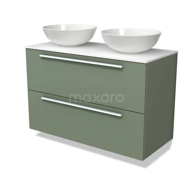 Modulo Plato Badkamermeubel voor waskom | 100 cm Saliegroen Vlak front Solid surface blad 2 lades onder elkaar BMK17-03730
