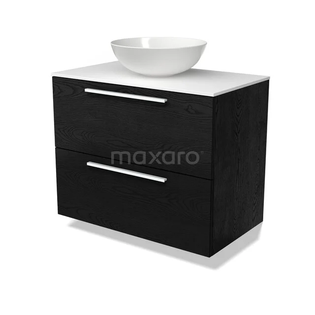 Modulo Plato Badkamermeubel voor waskom | 80 cm Zwart eiken Vlak front Solid surface blad 2 lades onder elkaar BMK17-03737
