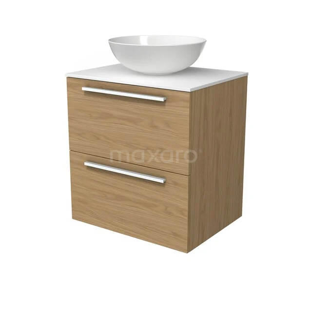 Holz-Badmöbel mit Aufsatzwaschbecken, kompaktes Design mit zwei Schubladen und glatter weißer Oberseite für eine moderne Bädergarnitur.