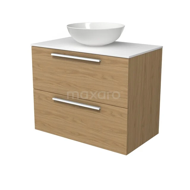 Modulo Plato Badmöbel mit Aufsatzwaschbecken | 80 cm Naturfurnier Flach front Solid Surface blatt 2 übereinanderliegende Schubladen BMK17-03766 Holz Badezimmermöbel mit zwei Schubladen, modernes Design und runder weißer Aufsatzwaschbecken, ideal für stilvolle Badezimmer Renovierungen.