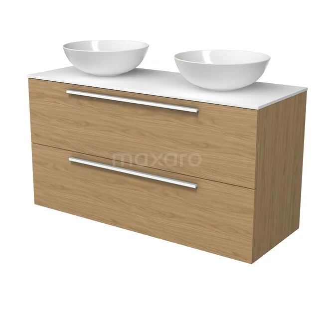 Holz Badezimmermöbel mit zwei weißen Aufsatzwaschbecken, elegantes Design und geräumigen Schubladen, ideal für ein stilvolles Badezimmer.