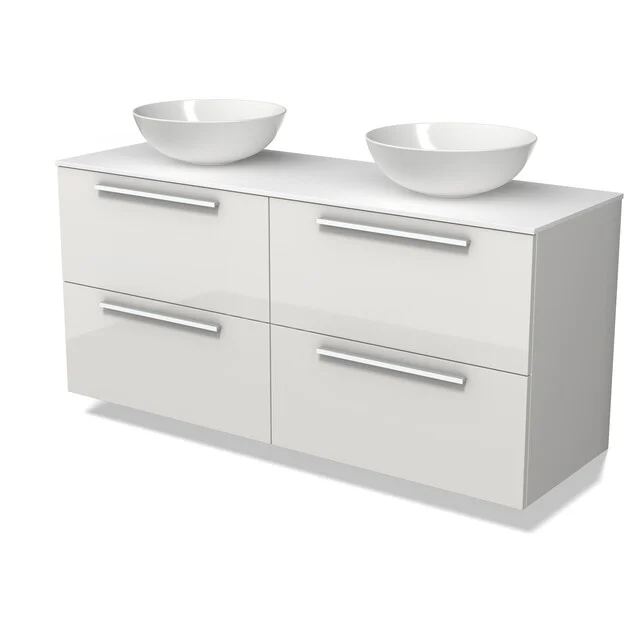 Wit badkamermeubel met twee waskommen, strakke lades en modern design, perfect voor een stijlvolle badkamer inrichting.