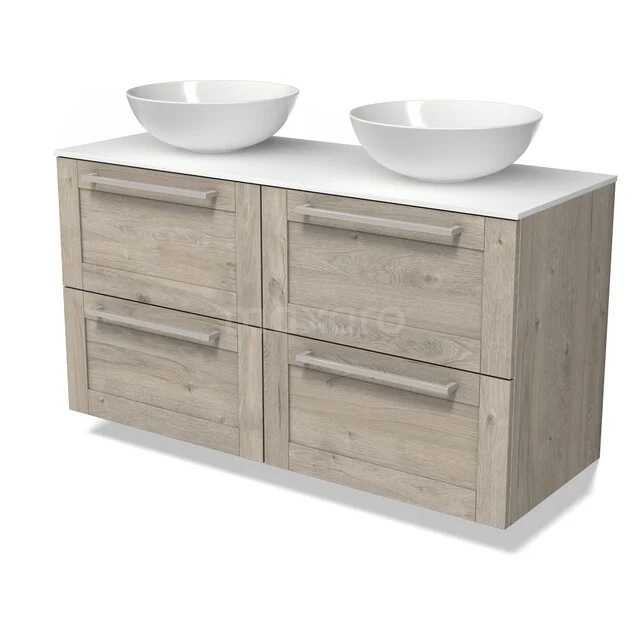 Wooden bathroom furniture with two white sinks, four drawers and modern handles, perfect for a stylish bathroom decor.
