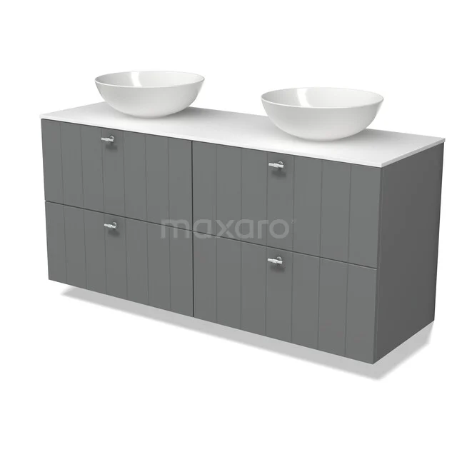 Grijs badkamermeubel met twee witte waskommen en vier lades, modern design van hout voor een stijlvolle en praktische badkamer.