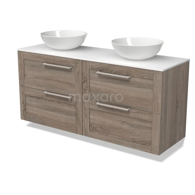 Holz-Waschtisch mit doppelten Aufsatzwaschbecken, modernes Design, perfekt für stilvolle Badezimmergestaltung.