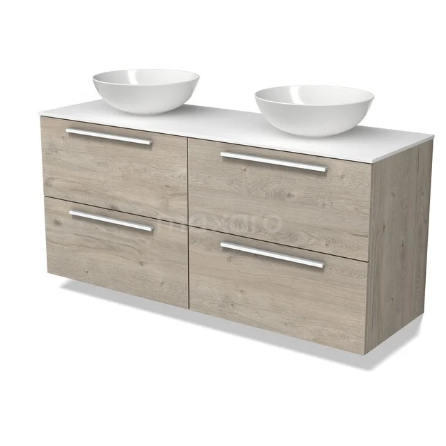 Modulo Plato Vanity units for countertop basin | 140 cm Light grey oak Flat front Solid surface worktop 4 drawers BMK18-02521 Modulo Plato Vanity units for countertop basin | 140 cm Light grey oak Flat front Solid surface worktop 4 drawers BMK18-02521