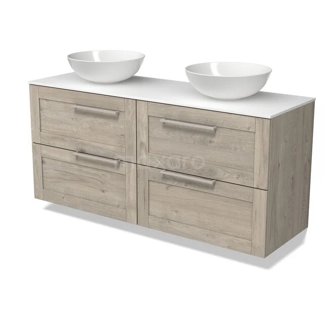 Holz-Badmöbel mit doppelten Aufsatzwaschbecken, heller Holzfarbe, vier Schubladen und modernem Design für stilvolle Badezimmerlagerung.