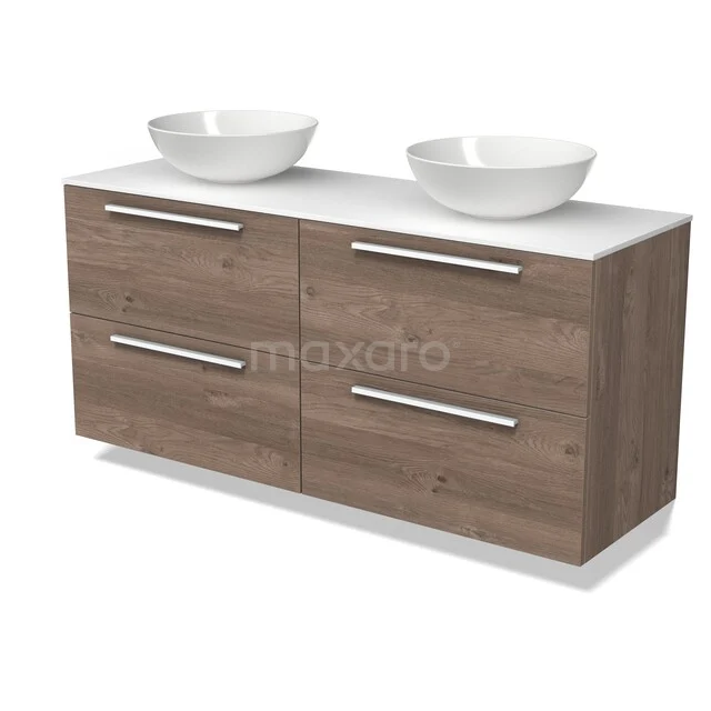 Modulo Plato Vanity units for countertop basin | 140 cm Mid brown oak Flat front Solid surface worktop 4 drawers BMK18-02525 Houten badkamermeubel met dubbele wastafel, vier lades en moderne witte schalen, ideaal voor een stijlvolle inrichting.