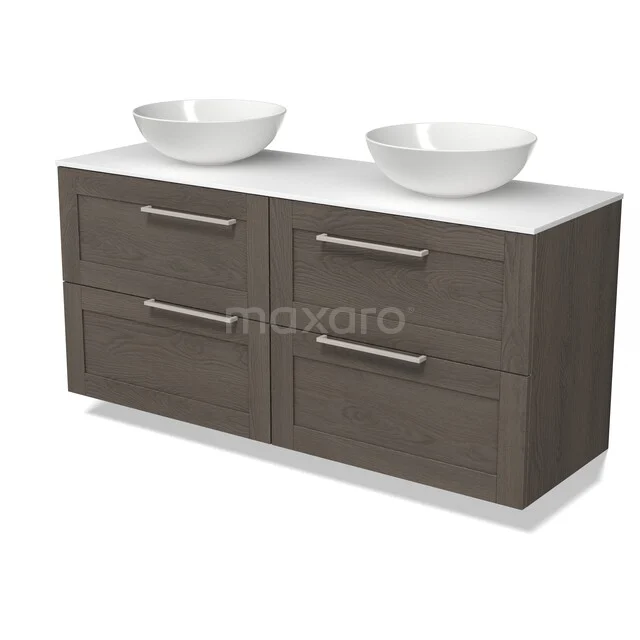 Doppelwaschbecken Möbel aus dunklem Holz, weiße Keramikkappen, modernes Design, perfekt für eine stilvolle Badezimmer Einrichtung.