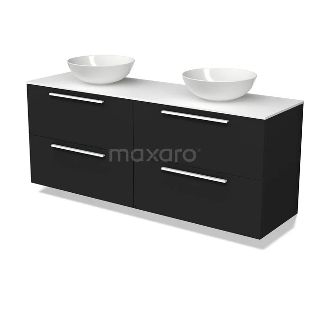 Modulo Plato Badmöbel mit Aufsatzwaschbecken | 160 cm Matt Schwarz Flach front Solid Surface blatt 4 Schubladen BMK18-02533 Schwarzes Doppelwaschbeckenmöbel mit weißen Platten und keramischen Aufsatzwaschbecken, ideal für moderne Bäder.