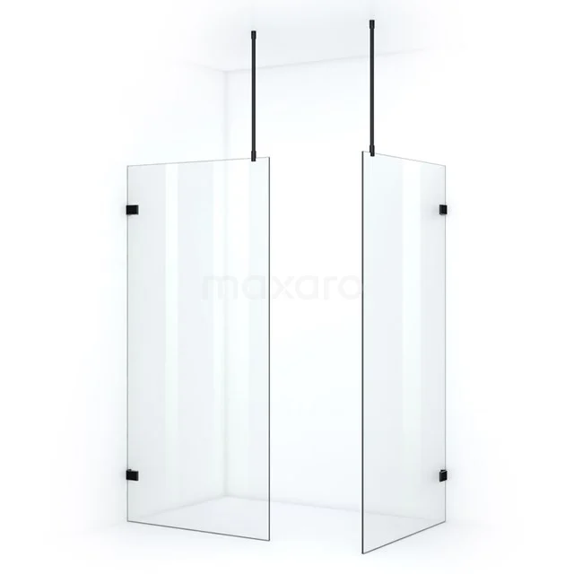 Doppelte Duschwand aus Klarglas mit schwarzen Halterungen, modernes Design; ideal für zeitgemäße Bäder.