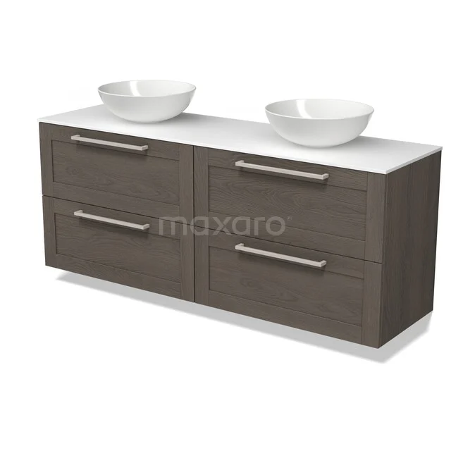 Modulo Plato Vanity units for countertop basin | 160 cm Dark brown oak Bordered front Solid surface worktop 4 drawers BMK18-02553 Wooden bathroom furniture with double sink, modern design, dark oak colour, metal handles, ideal for bathroom space.