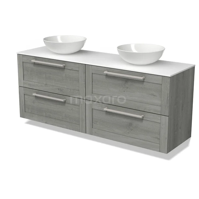 Grey wooden bathroom furniture set with four drawers and double white sinks, ideal for stylish bathroom storage.