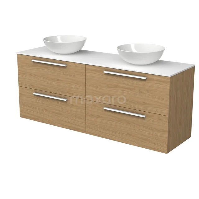 Holz-Badmöbel mit doppelten Waschbecken, modernen Griffen und weißen Waschtischplatten, ideal für ein stilvolles Badezimmer.