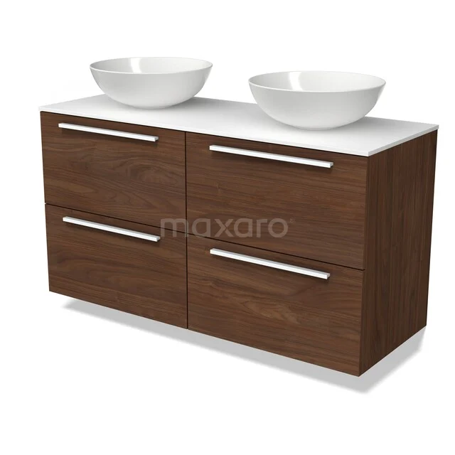 Möbel für Aufsatzwaschbecken BMK18-02599 Holz Badezimmermöbel mit vier Schubladen und zwei weißen Waschbecken, modernes Design aus der Luxus Walnuss-Serie.