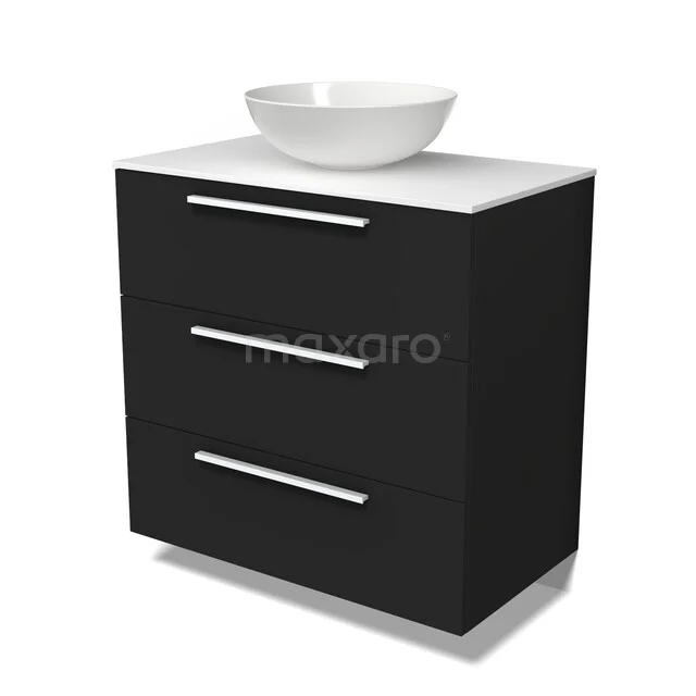 Modulo Plato Badkamermeubel voor waskom | 80 cm Mat zwart Vlak front Solid surface blad 3 lades BMK19-01845