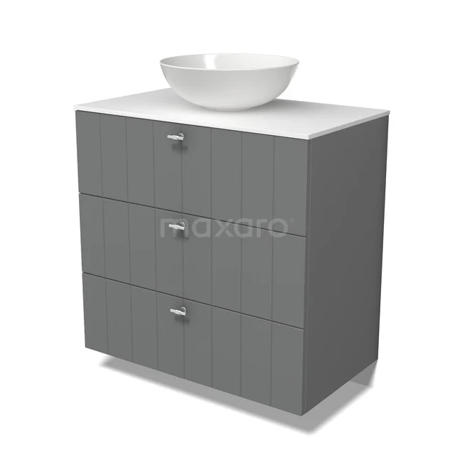 Modulo Plato Vanity units for countertop basin | 80 cm Mid grey Slat front Solid surface worktop 3 drawers BMK19-01847 Grijze badmeubelset met drie lades en een wit waskomblad, modern design en ideaal voor een stijlvolle badkamer.
