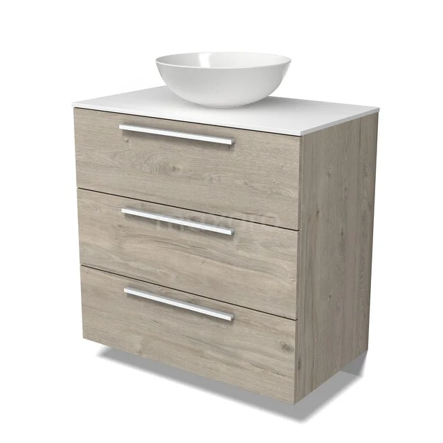 Modulo Plato Vanity units for countertop basin | 80 cm Light grey oak Flat front Solid surface worktop 3 drawers BMK19-01855 Badkamermeubel houtlook met waskom, 3 lades en witte wastafel, modern design voor luxe badkamerinrichting.