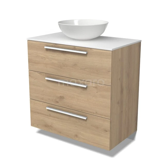 Möbel für Aufsatzwaschbecken BMK19-01856 Holz Badezimmermöbel mit drei Schubladen, weißem Aufsatzwaschbecken oben, modernes Design, ideal für stilvolle Badezimmerlagerung.
