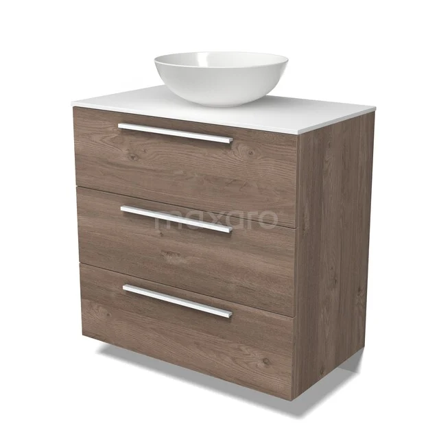 Modulo Plato Badkamermeubel voor waskom | 80 cm Middenbruin eiken Vlak front Solid surface blad 3 lades BMK19-01857