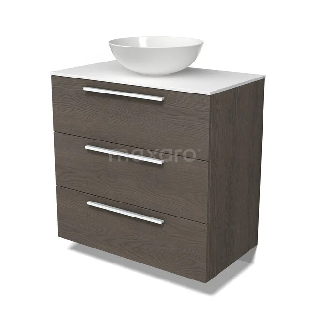 Modulo Plato Vanity units for countertop basin | 80 cm Dark brown oak Flat front Solid surface worktop 3 drawers BMK19-01858 Badkamermeubel houtlook met witte wastafelkom, moderne uitstraling, drie lades met chromen handgrepen.