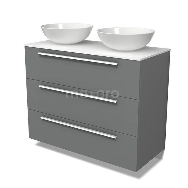 Grijze badkamermeubelset met 3 lades, 2 ronde witte waskommen van keramiek, modern ontwerp voor een stijlvolle badkamer.