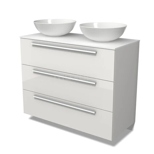 Modulo Plato Vanity units for countertop basin | 100 cm High-gloss white Flat front Solid surface worktop 3 drawers BMK19-01866 Wit badkamermeubel met drie lades en dubbele opzetwastafels, hoogglans afwerking en strakke metalen handgrepen.