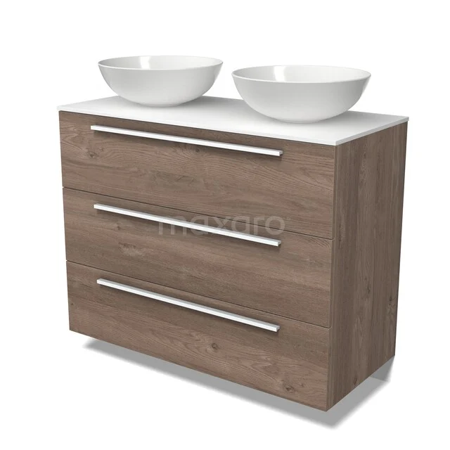 Houten badkamermeubel met twee witte waskommen, drie lades en modern design, ideaal voor een stijlvolle badkamer.